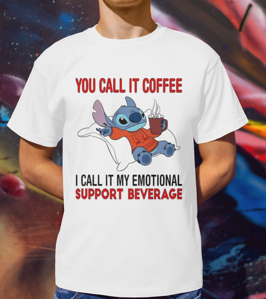Stitch You Call It Coffee I Call It My Emotional Support Beverage Blue Alien Character With Hot Drink In Red Sweater T-Shirt