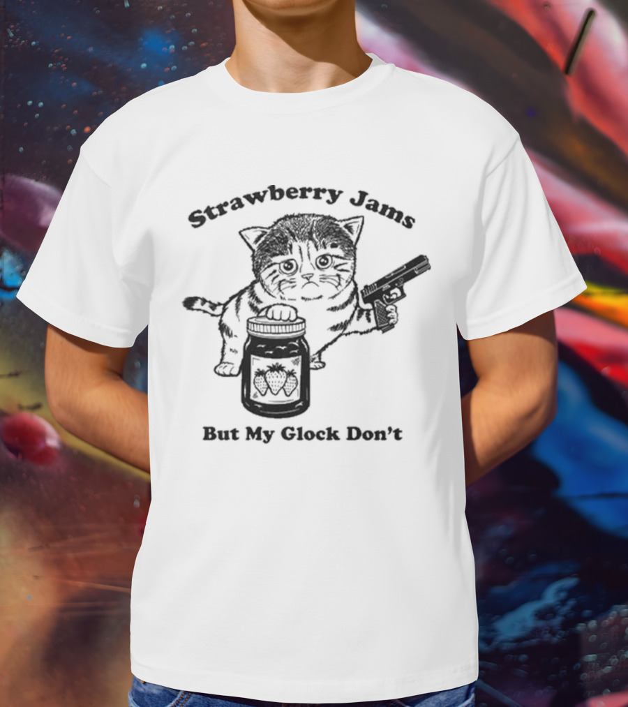 Strawberry Jams Cat With Gun And Jar T-Shirt