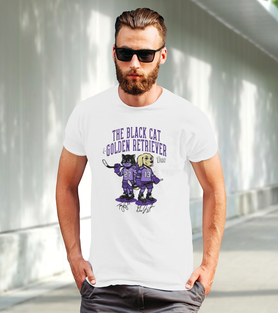 The Black Cat Golden Retriever 27 13 Hockey Duo T-Shirt