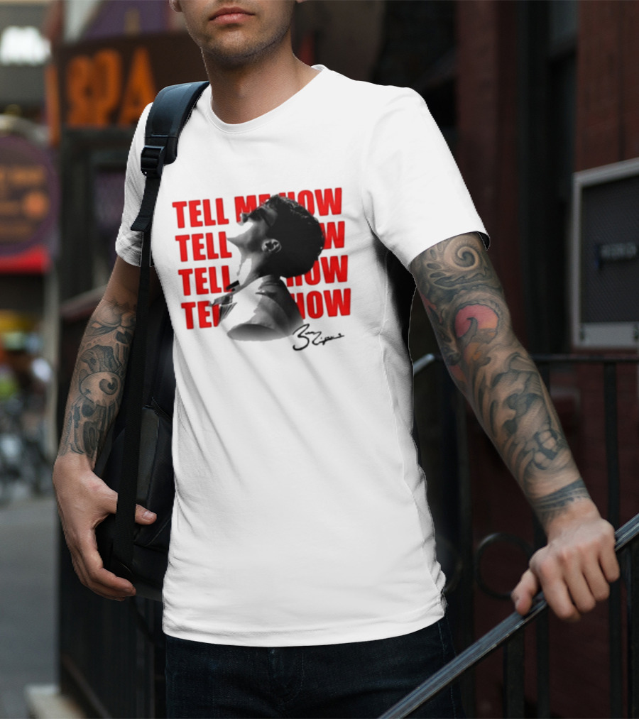 Tell Me How Ben Rodrigues Signature Black And White Artistic Portrait With Repeated Text In Eye-Catching Red Style T-Shirt