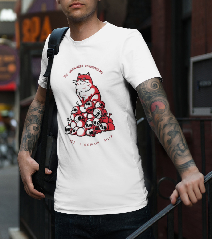The Darkness Consumes Me Yet I Remain Silly Red Cat Bats Skulls T-Shirt