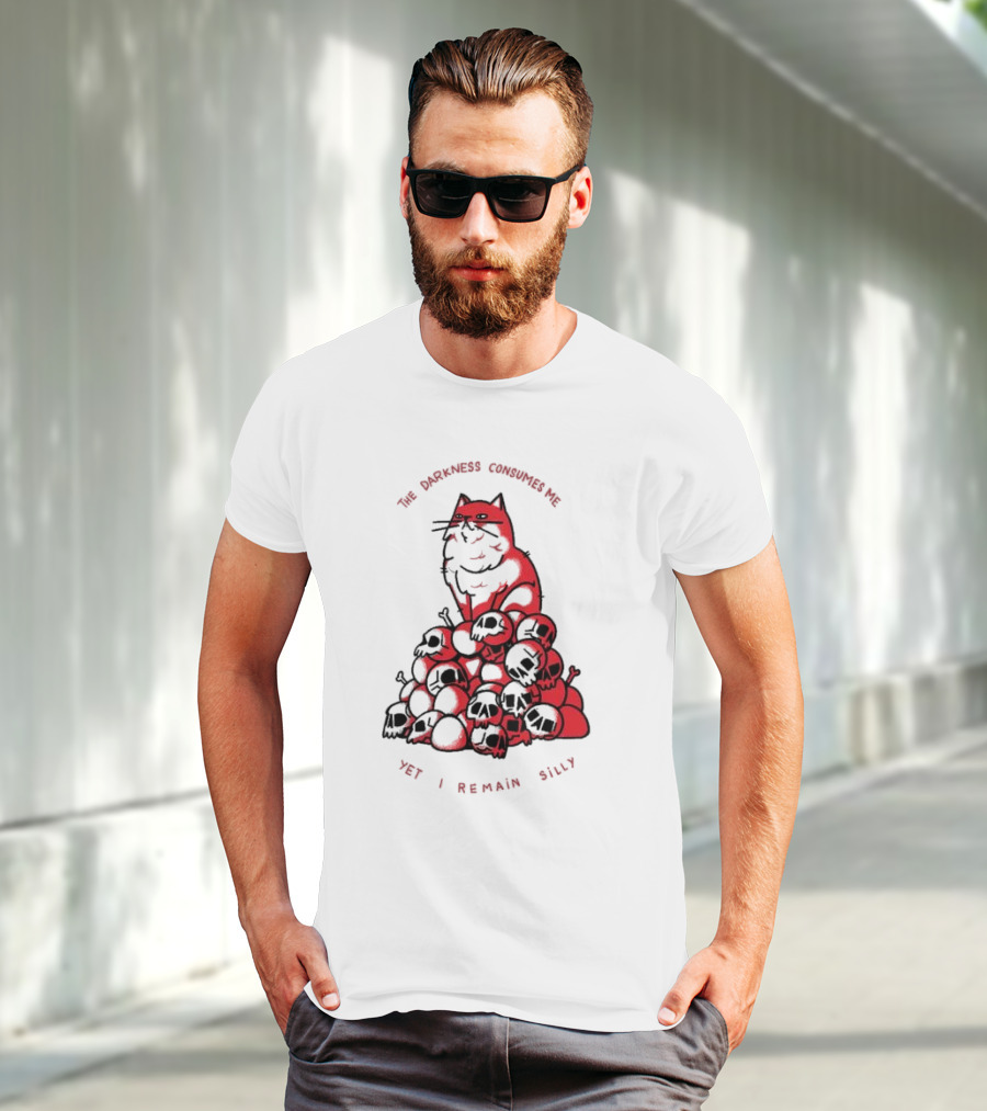 The Darkness Consumes Me Yet I Remain Silly Red Cat Bats Skulls T-Shirt