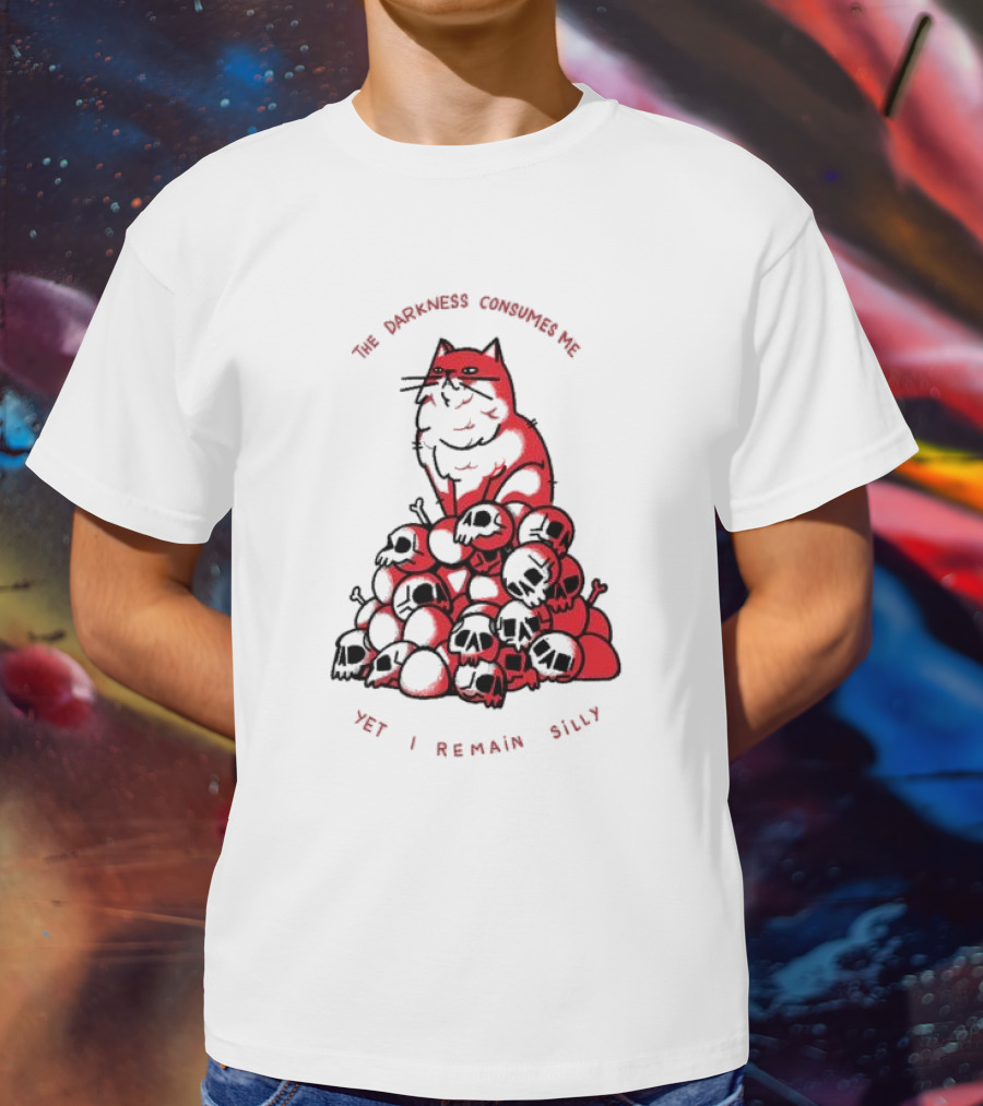 The Darkness Consumes Me Yet I Remain Silly Red Cat Bats Skulls T-Shirt