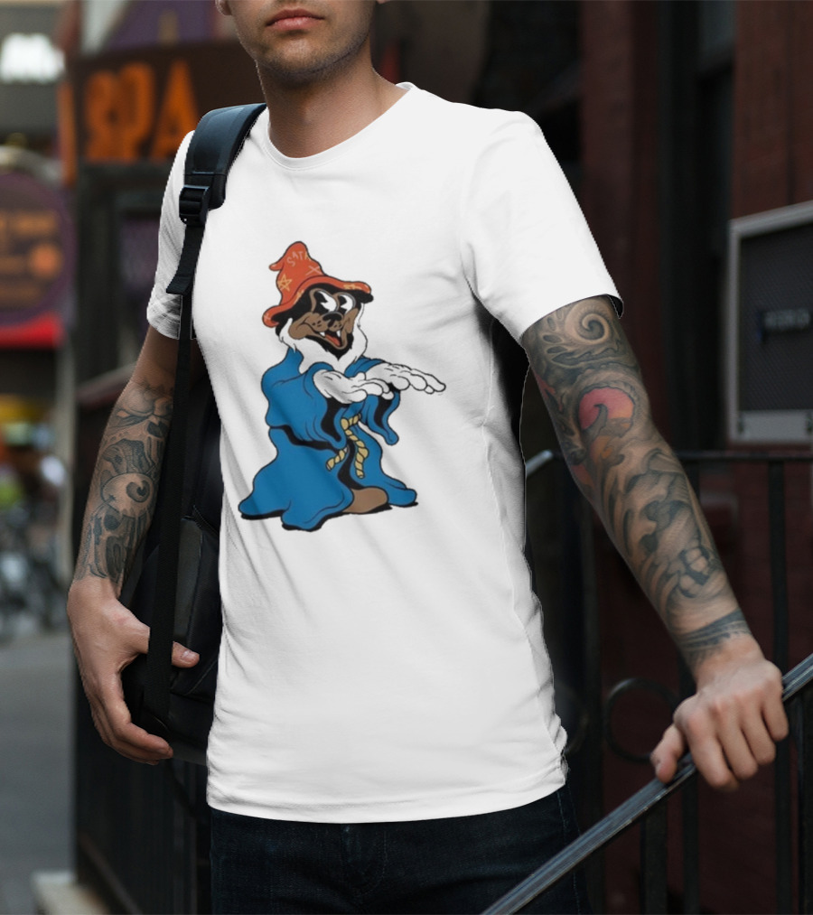 The Dudes It’s All Wavy Wizard Dog In Blue Robe With Orange Star Hat T-Shirt