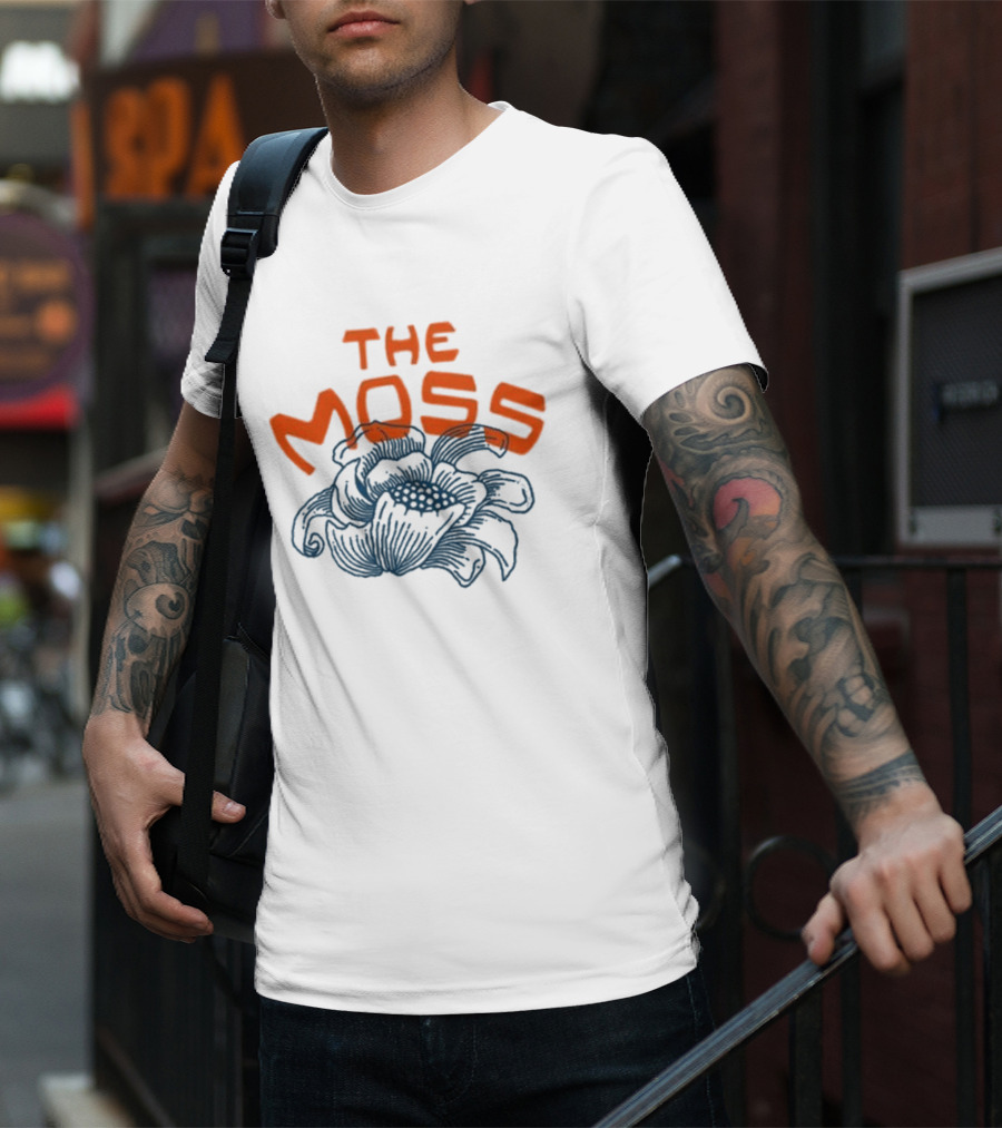 The Moss Flower 2025 Bold Blue And Orange Text Over Artistic Floral Illustration T-Shirt