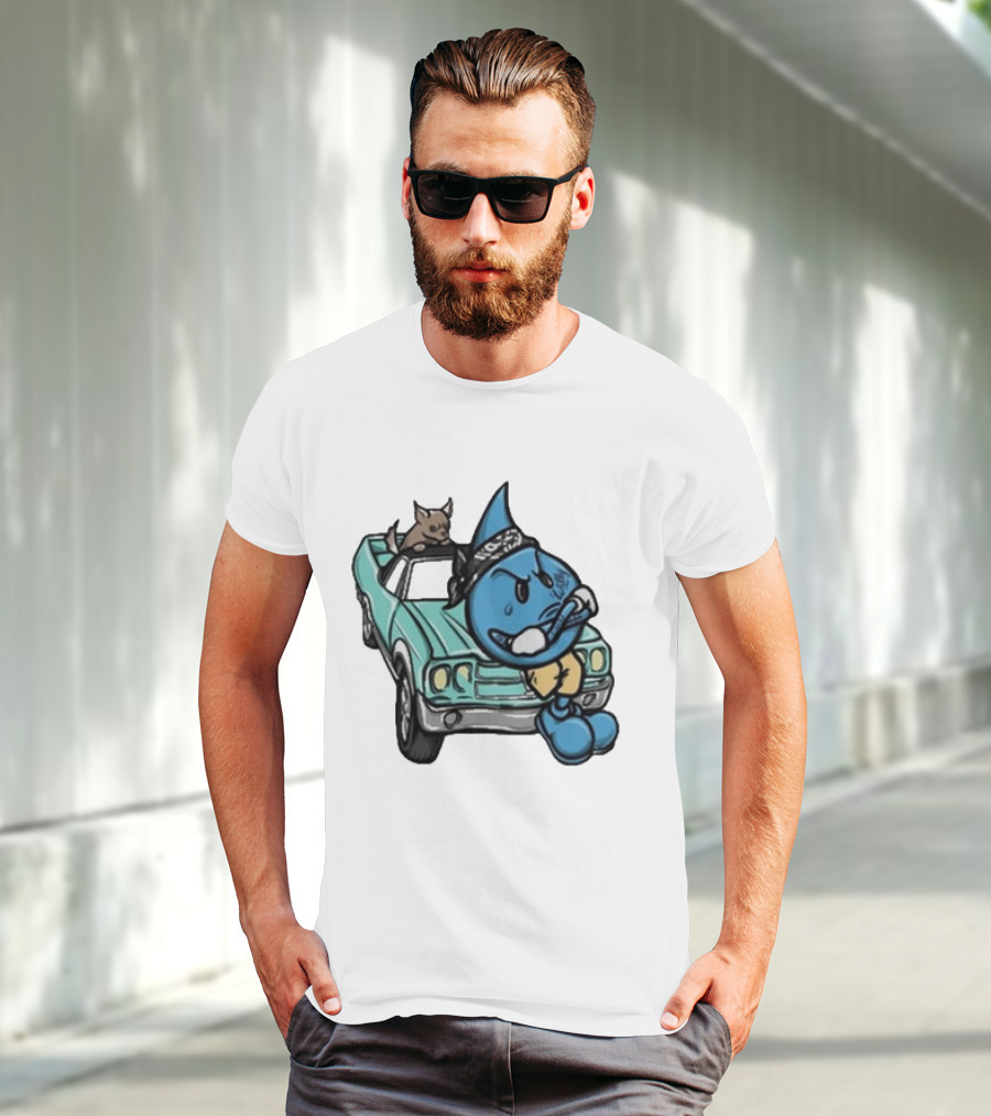 Thornhill Bat White Blue Cartoon Character With Dog In Classic Car T-Shirt
