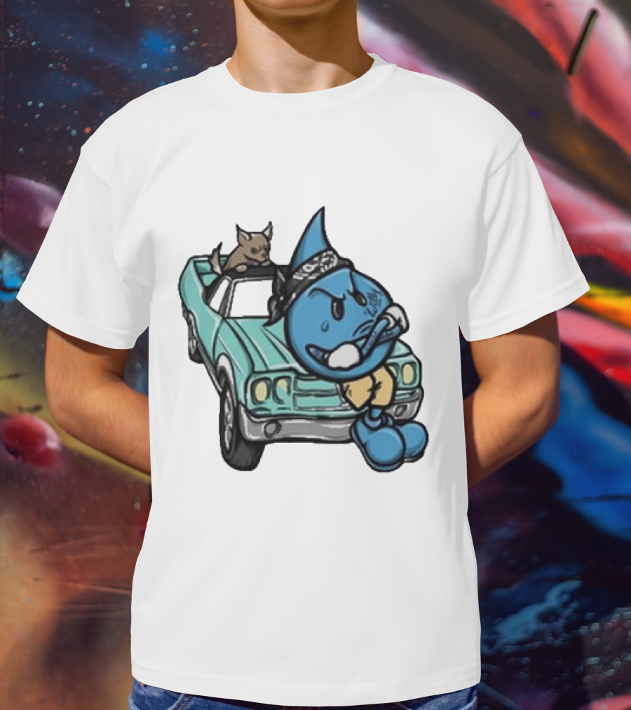 Thornhill Bat White Blue Cartoon Character With Dog In Classic Car T-Shirt