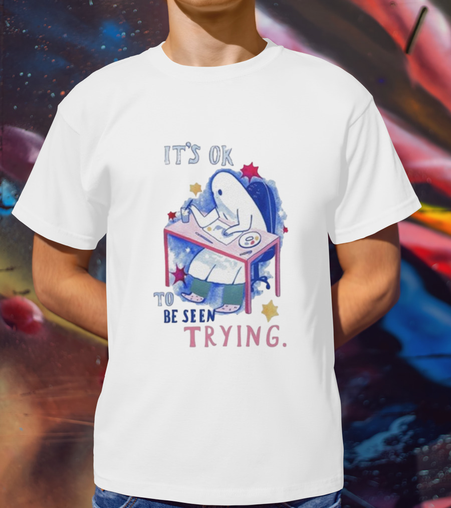 The Sad Ghost Club It's Ok To Be Seen Trying Ghost Painting At Desk With Stars And Colors T-Shirt