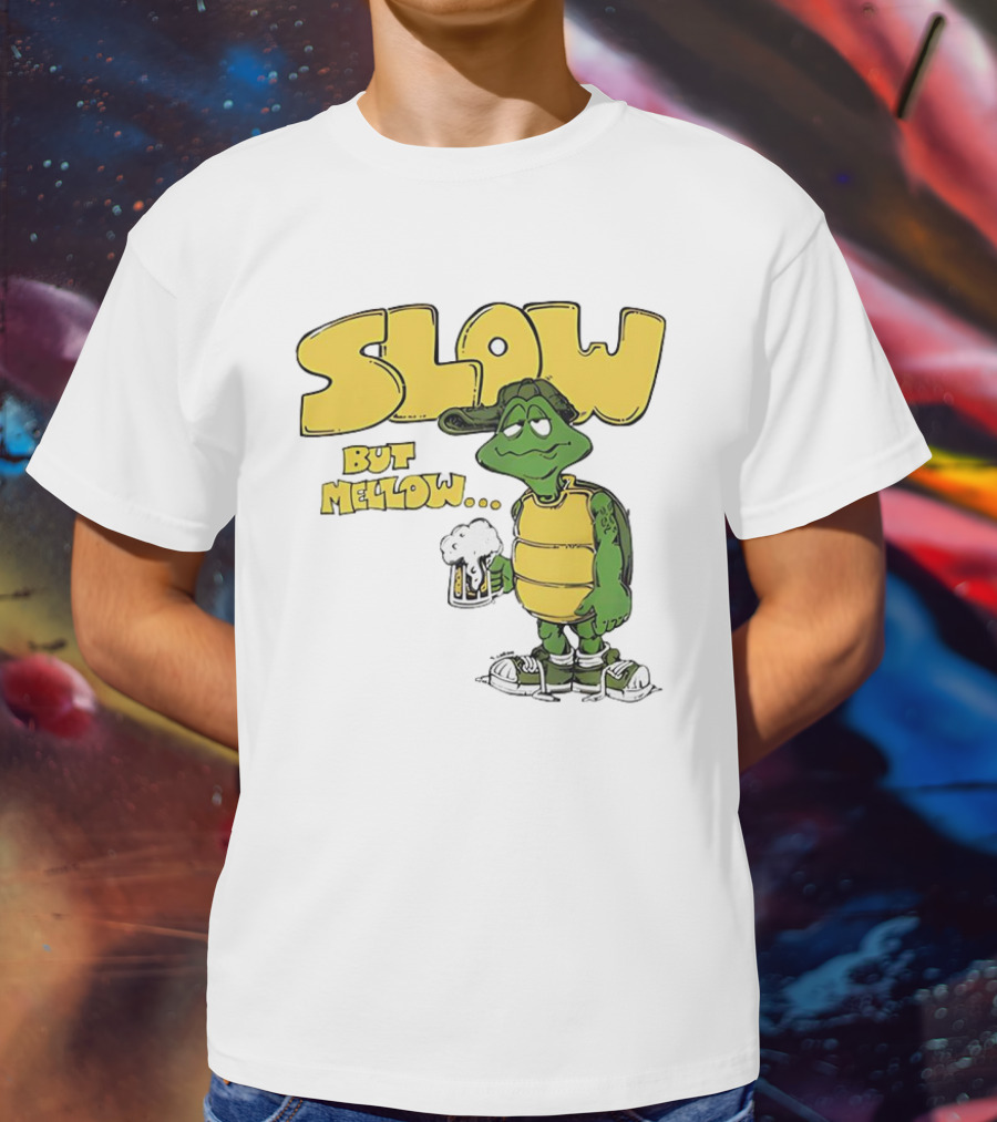 Slow But Mellow Turtle With Beer Retro Vintage 70s Style T-Shirt