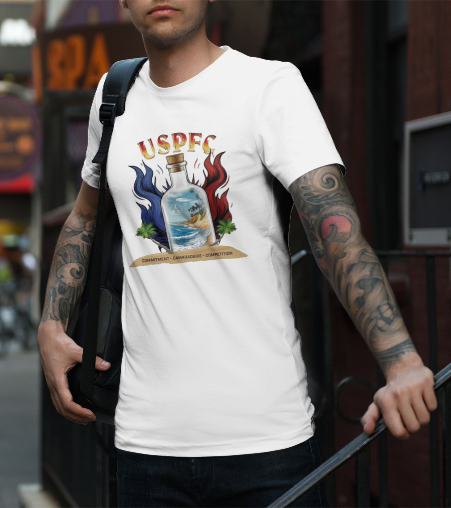 USPFC Commitment Camaraderie Competition Coastal Scenic Bottle Design T-Shirt