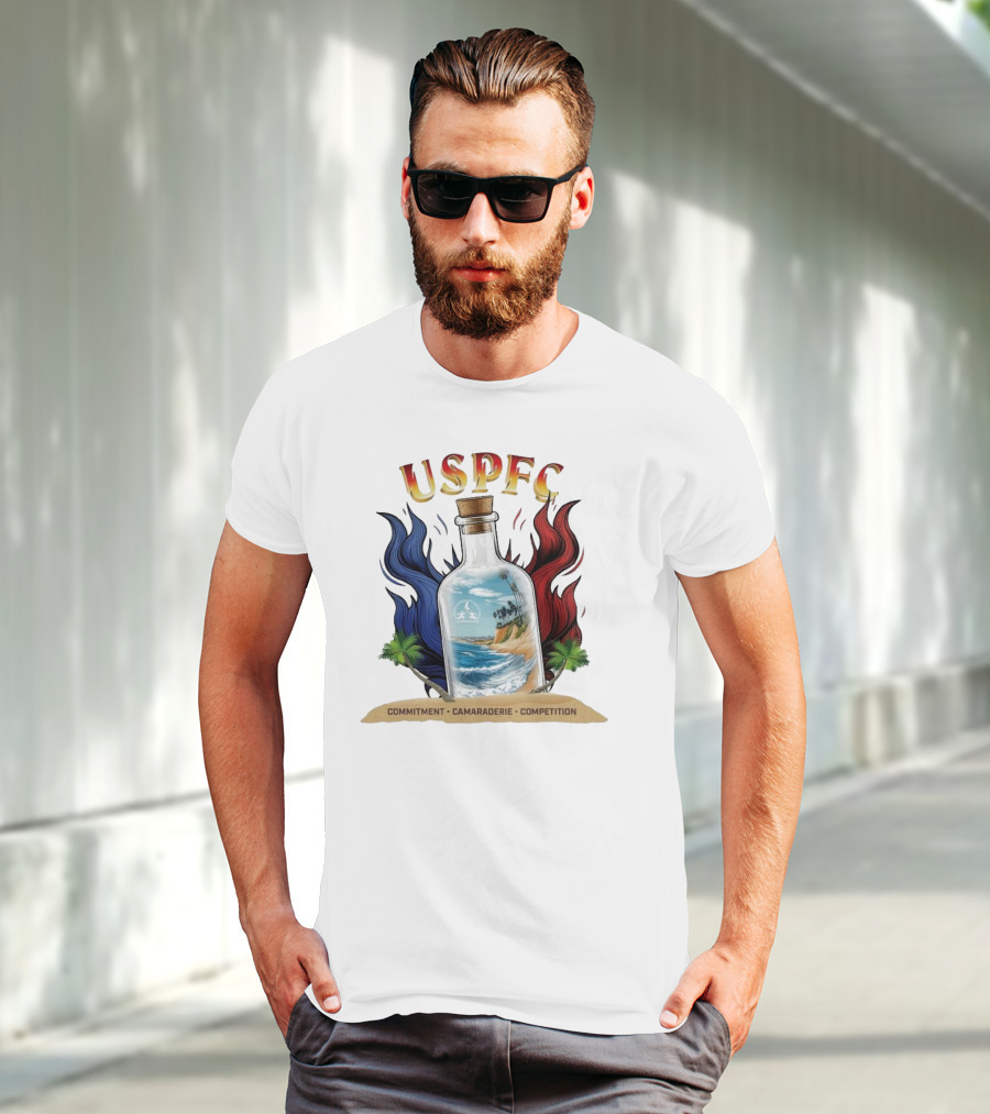 USPFC Commitment Camaraderie Competition Coastal Scenic Bottle Design T-Shirt
