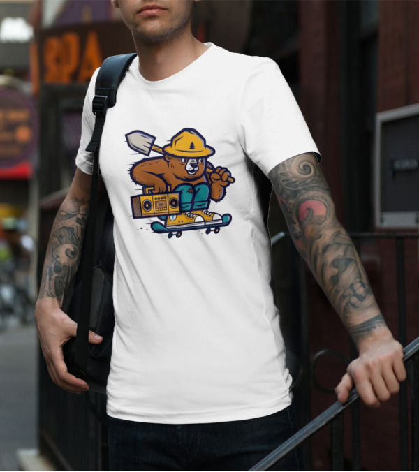 ```Wildfire Relief Bear Skateboarding With Boombox And Shovel``` T-Shirt