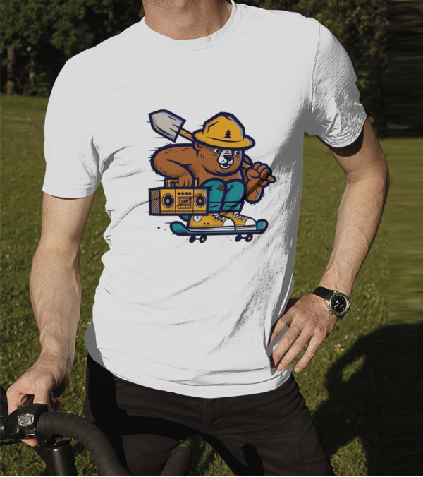 ```Wildfire Relief Bear Skateboarding With Boombox And Shovel``` T-Shirt
