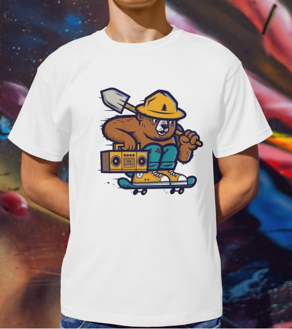 ```Wildfire Relief Bear Skateboarding With Boombox And Shovel``` T-Shirt