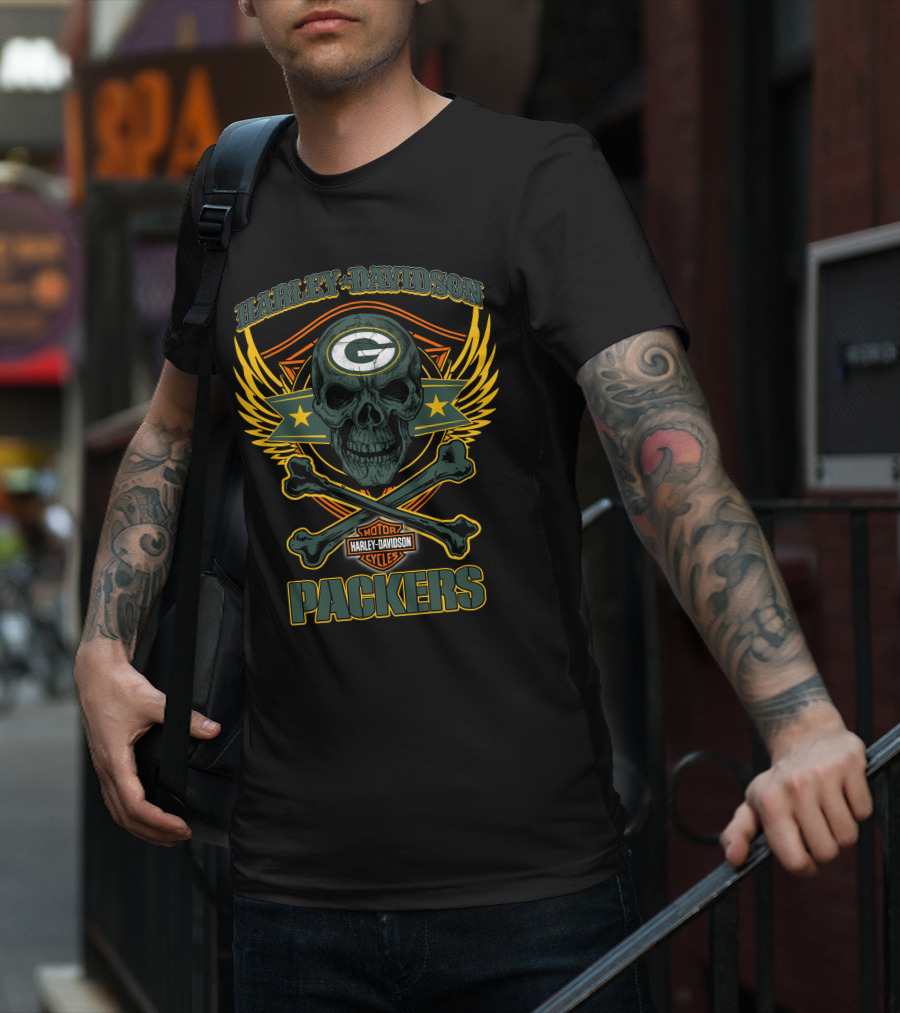 Harley Davidson Green Bay Packers Skull Motor Cycles T-Shirt