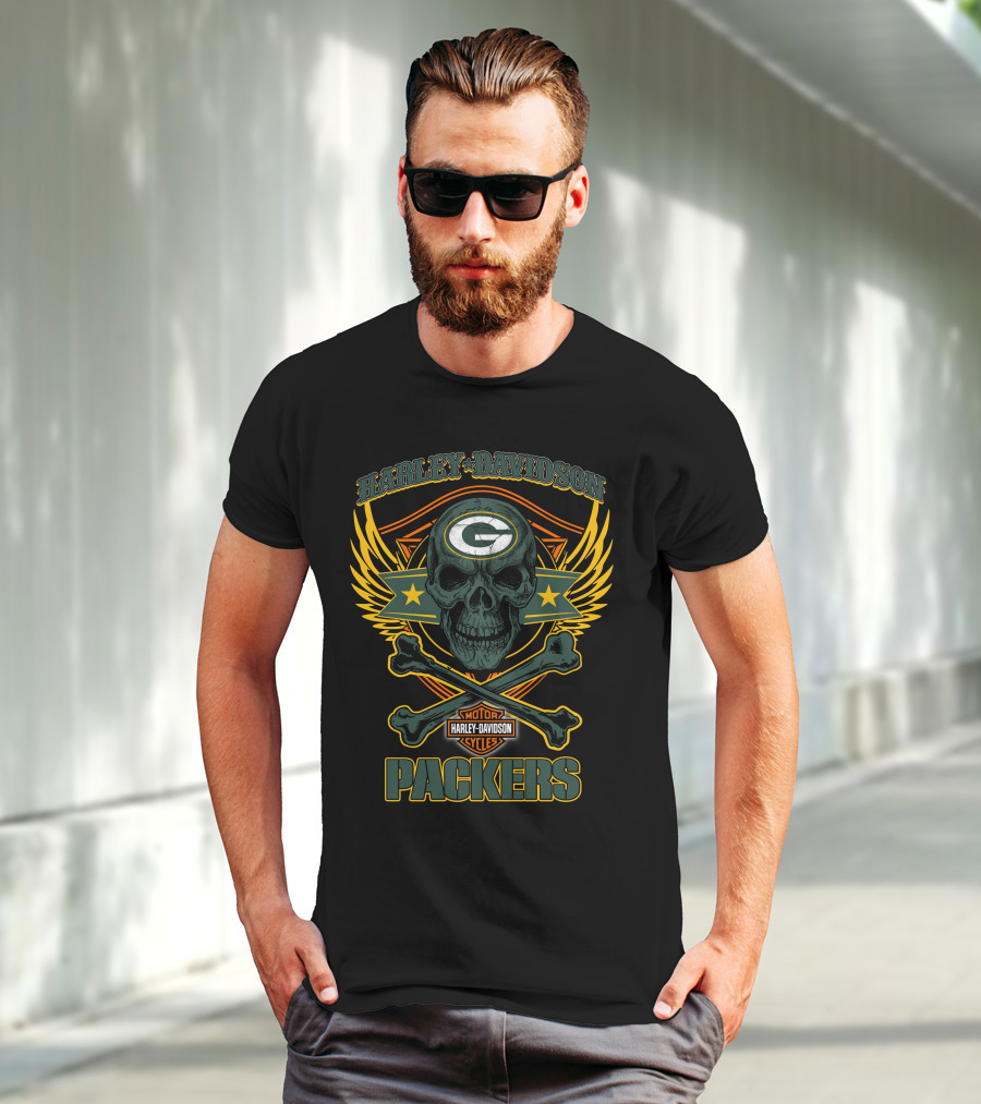 Harley Davidson Green Bay Packers Skull Motor Cycles T-Shirt