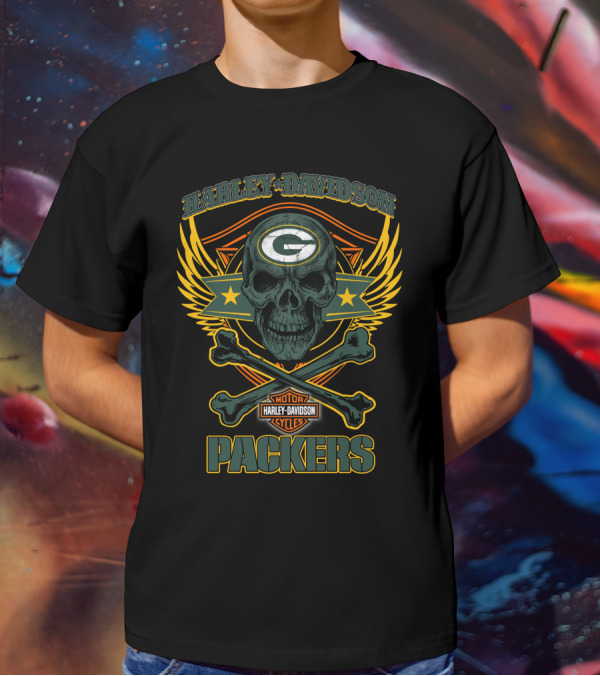 Harley Davidson Green Bay Packers Skull Motor Cycles T-Shirt