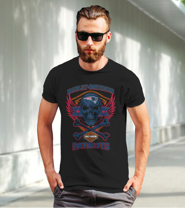 Harley Davidson New England Patriots Skull And Crossbones T-Shirt
