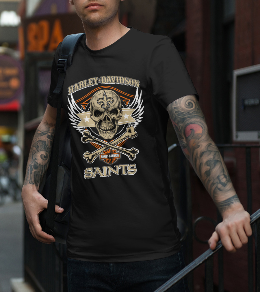 Harley Davidson New Orleans Saints Skull Fleur-De-Lis Wings T-Shirt