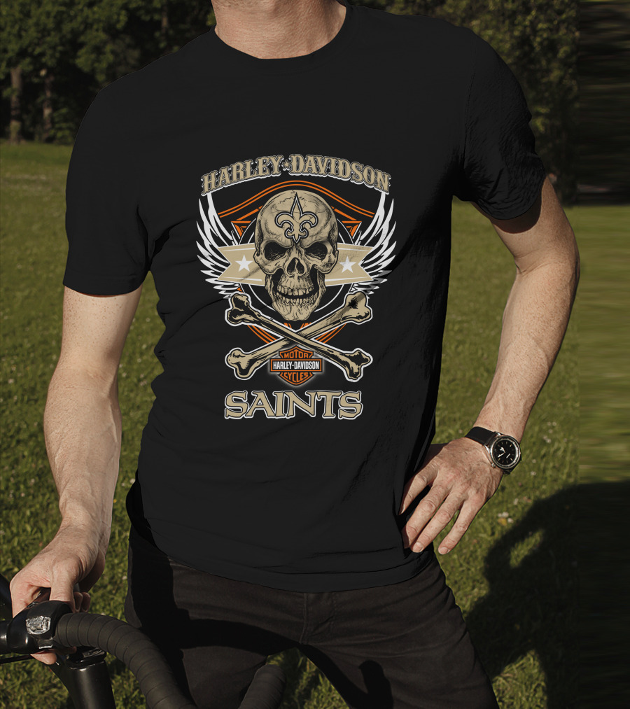 Harley Davidson New Orleans Saints Skull Fleur-De-Lis Wings T-Shirt