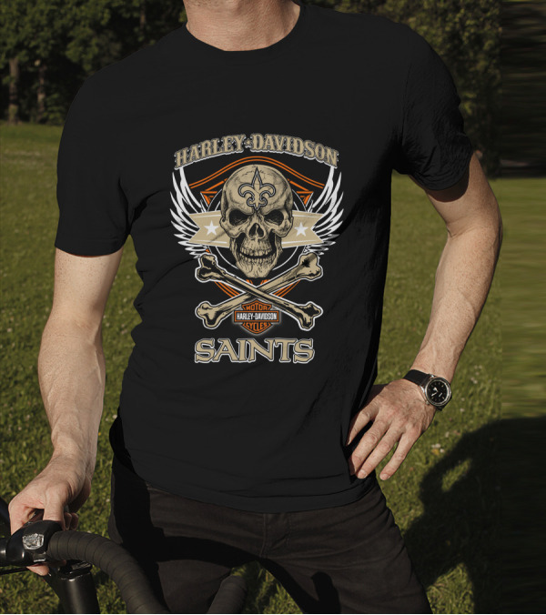 Harley Davidson New Orleans Saints Skull Fleur-De-Lis Wings T-Shirt