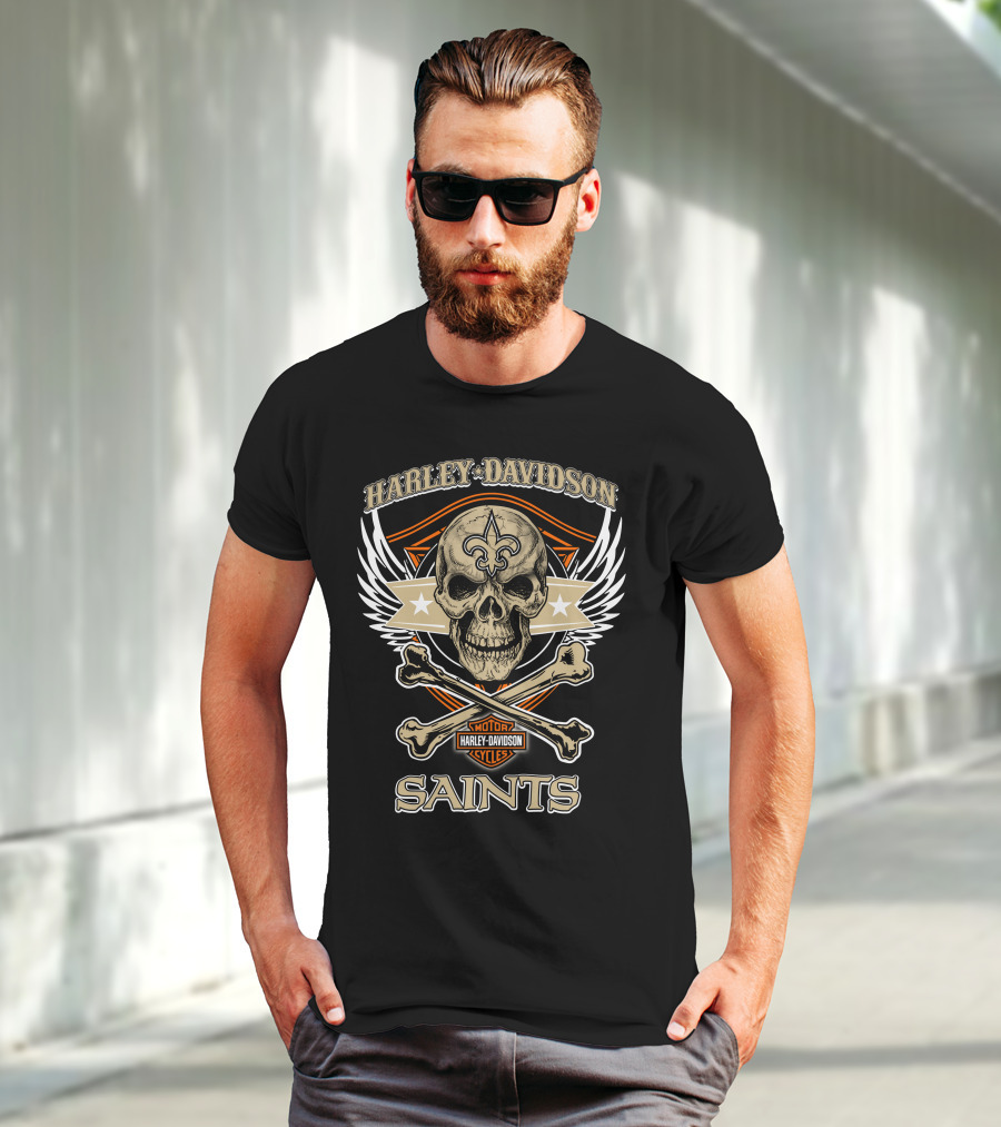 Harley Davidson New Orleans Saints Skull Fleur-De-Lis Wings T-Shirt