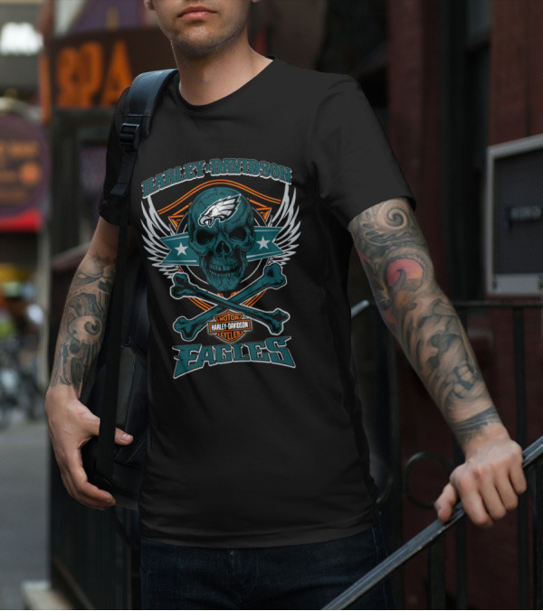 Harley Davidson Philadelphia Eagles Skull Wings T-Shirt