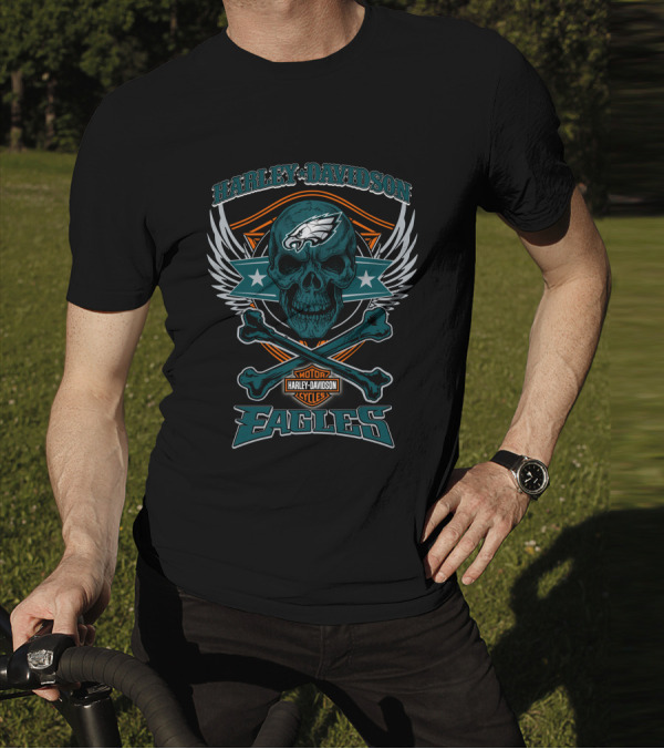Harley Davidson Philadelphia Eagles Skull Wings T-Shirt