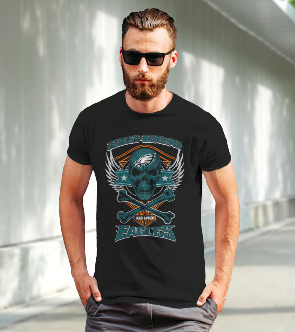 Harley Davidson Philadelphia Eagles Skull Wings T-Shirt