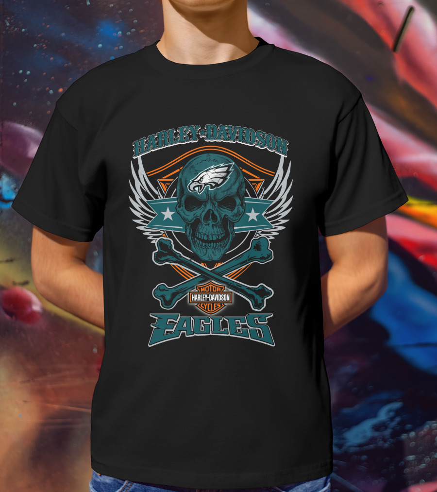 Harley Davidson Philadelphia Eagles Skull Wings T-Shirt