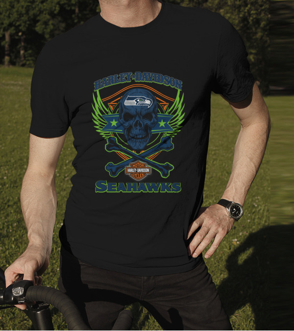 Harley Davidson Seattle Seahawks Skull And Crossbones T-Shirt