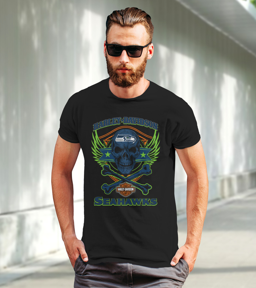 Harley Davidson Seattle Seahawks Skull And Crossbones T-Shirt