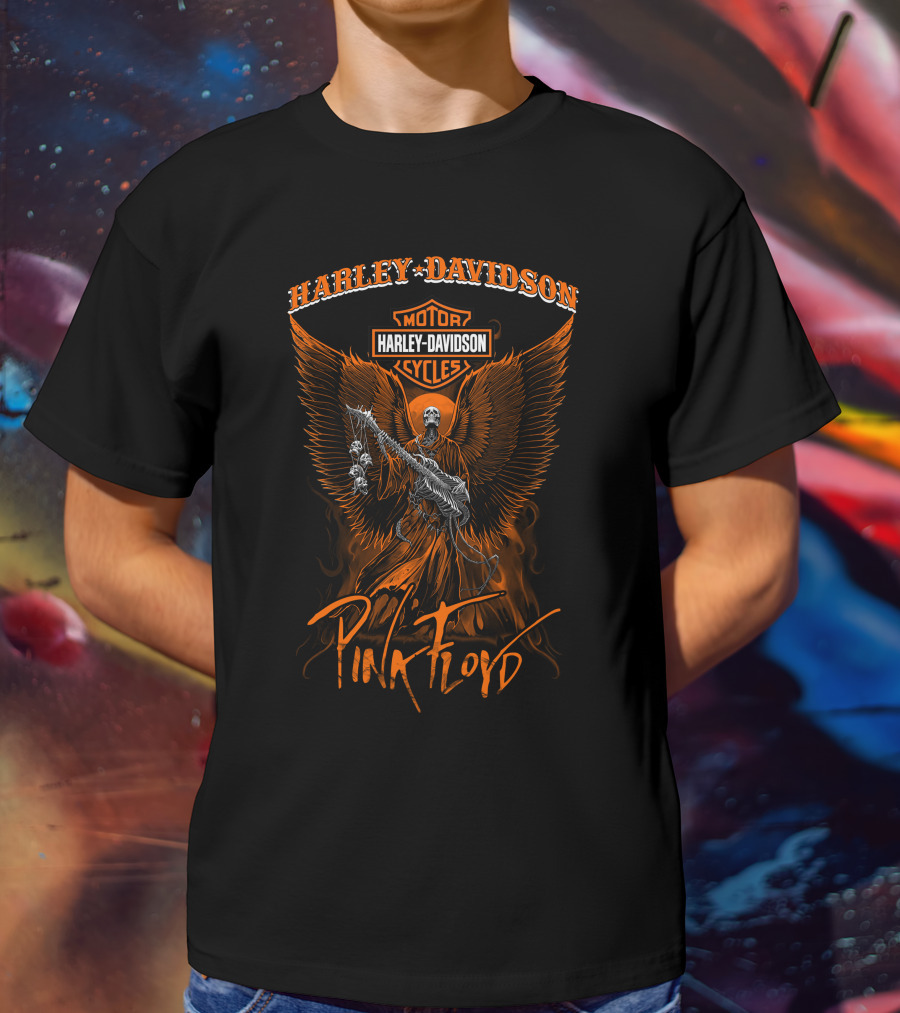 Harley Davidson Motor Cycles Pink Floyd Angel Wings Orange T-Shirt