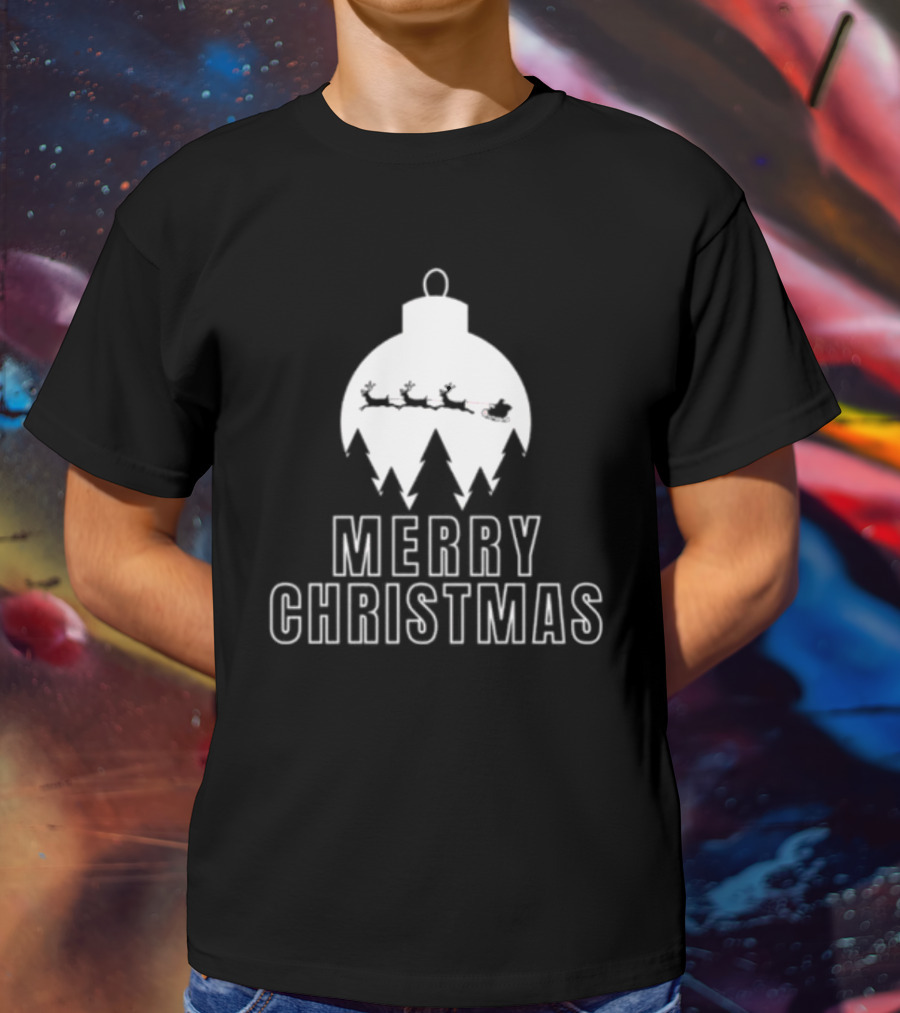 Merry Christmas Ornament Reindeer Sleigh And Trees T-Shirt