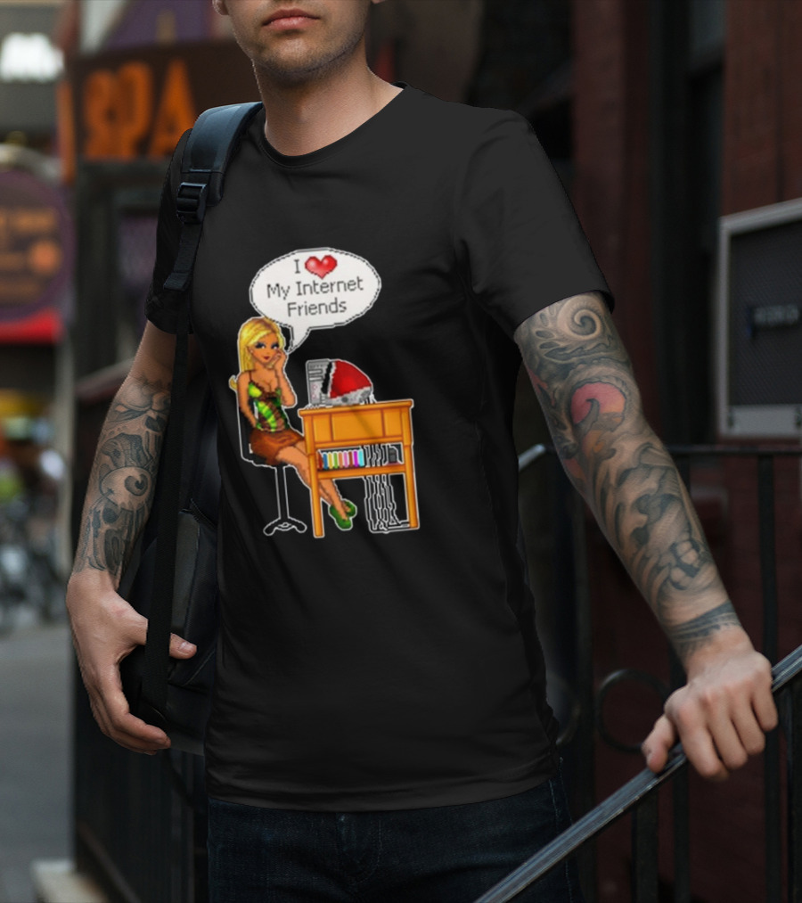 Cherrykitten I Love My Internet Friends Y2K Vintage Blonde Girl At Desk Pixel T-Shirt