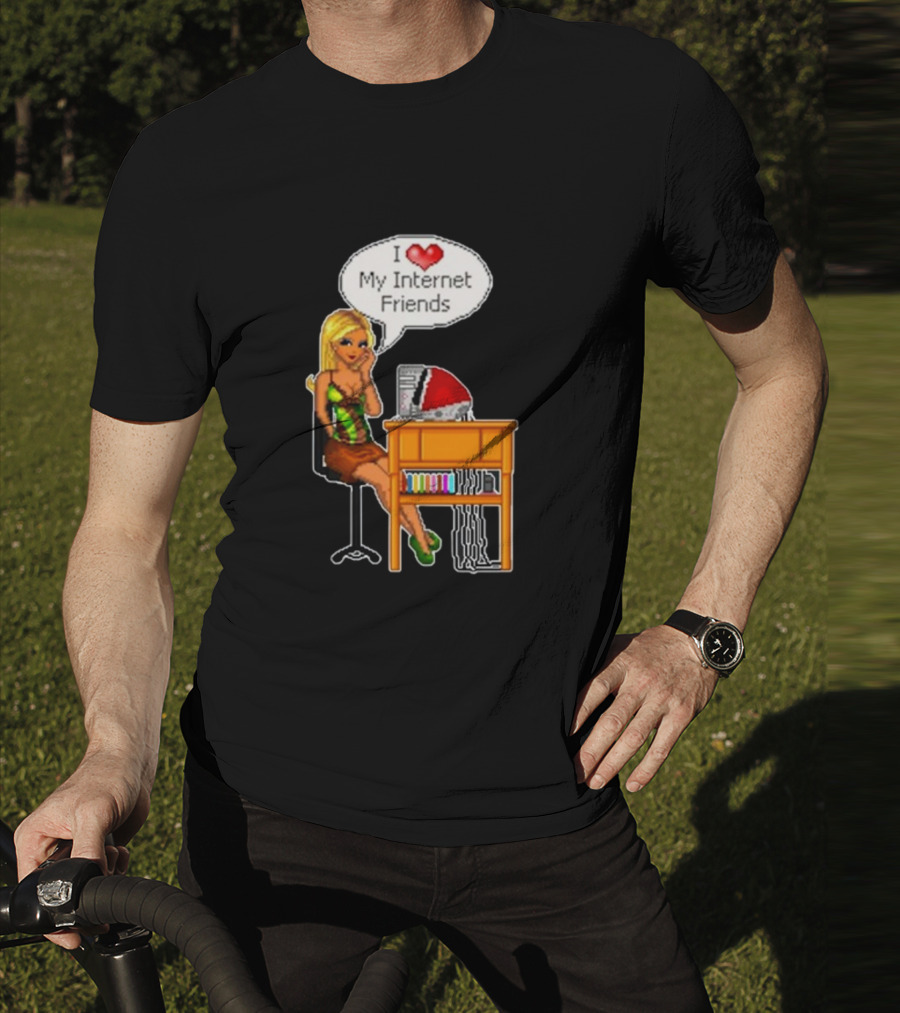 Cherrykitten I Love My Internet Friends Y2K Vintage Blonde Girl At Desk Pixel T-Shirt