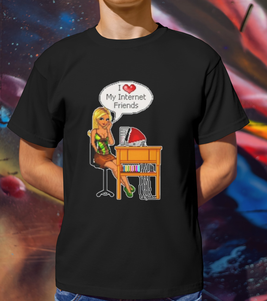 Cherrykitten I Love My Internet Friends Y2K Vintage Blonde Girl At Desk Pixel T-Shirt