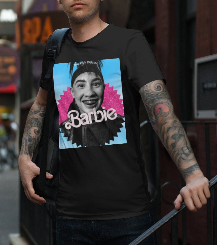 Kick Demon Barbie Smiling Portrait With Pink Starburst Background T-Shirt