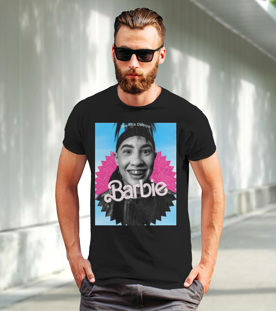 Kick Demon Barbie Smiling Portrait With Pink Starburst Background T-Shirt