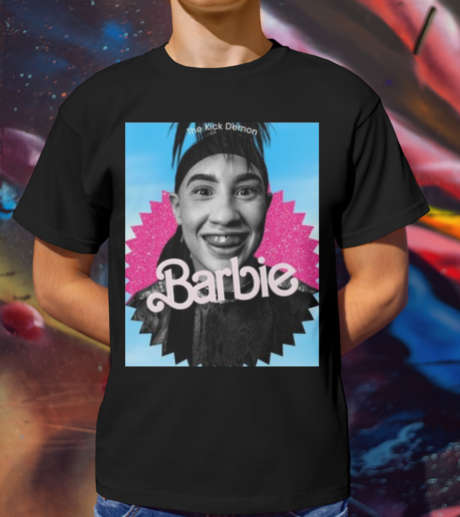 Kick Demon Barbie Smiling Portrait With Pink Starburst Background T-Shirt