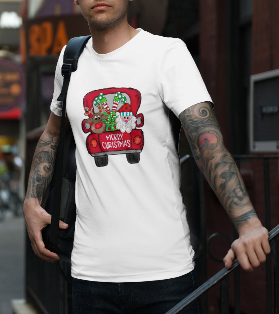 Merry Christmas Santa And Reindeer With Presents In Truck T-Shirt