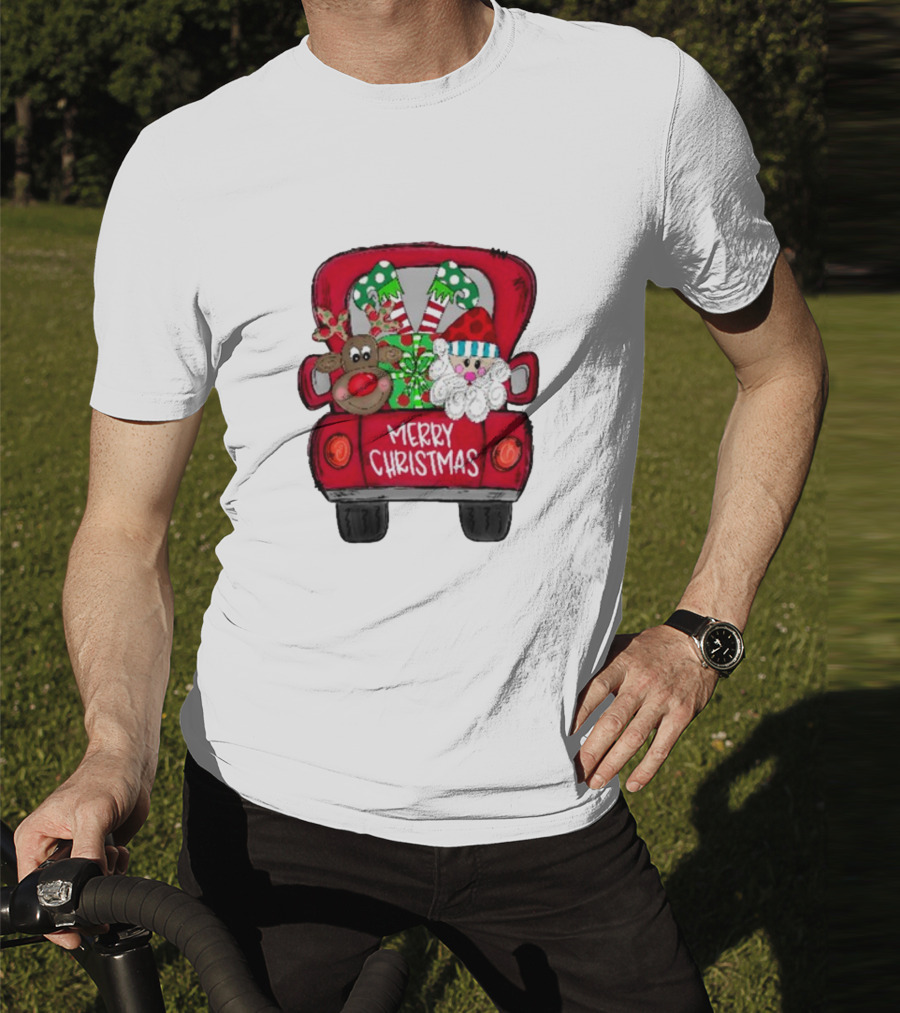 Merry Christmas Santa And Reindeer With Presents In Truck T-Shirt