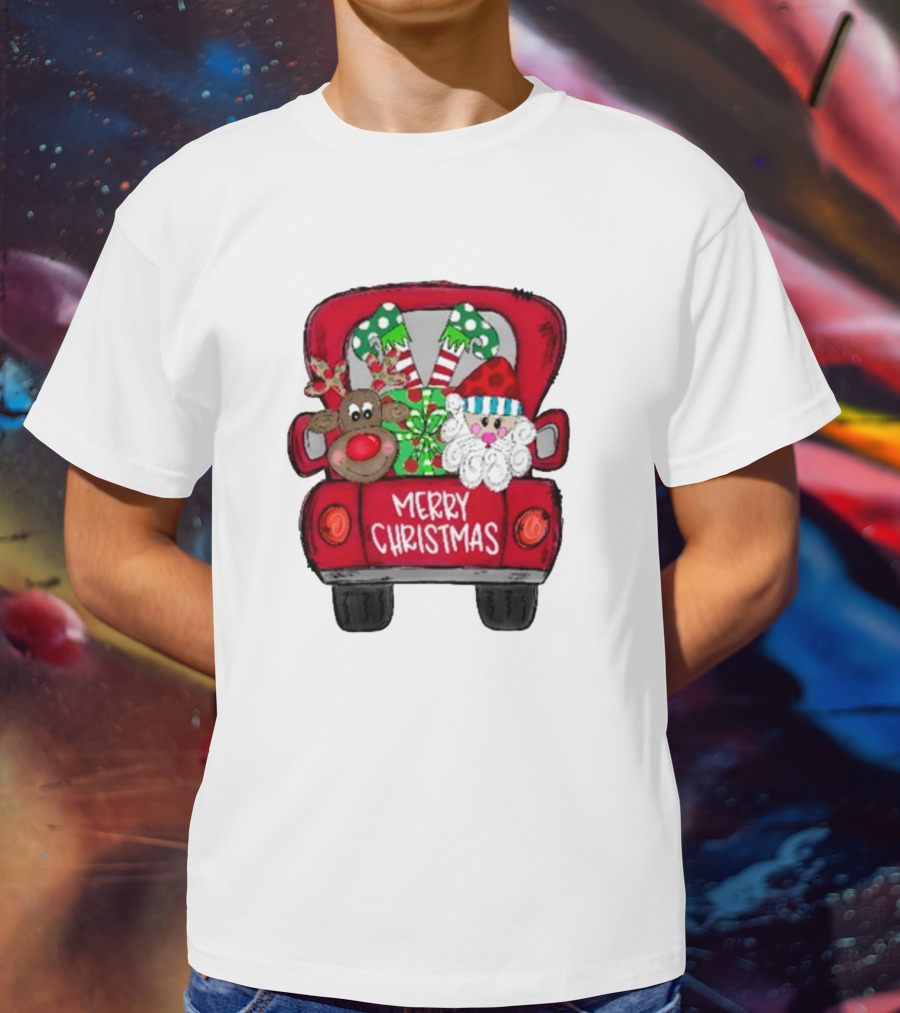 Merry Christmas Santa And Reindeer With Presents In Truck T-Shirt