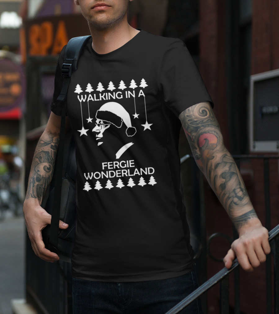 Walking In A Fergie Wonderland Christmas Festive Santa Hat Trees Stars T-Shirt