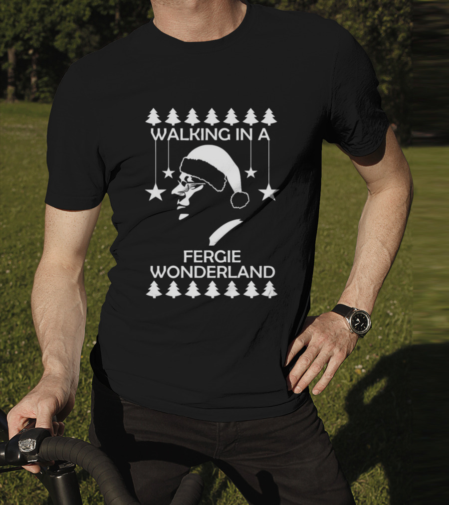 Walking In A Fergie Wonderland Christmas Festive Santa Hat Trees Stars T-Shirt