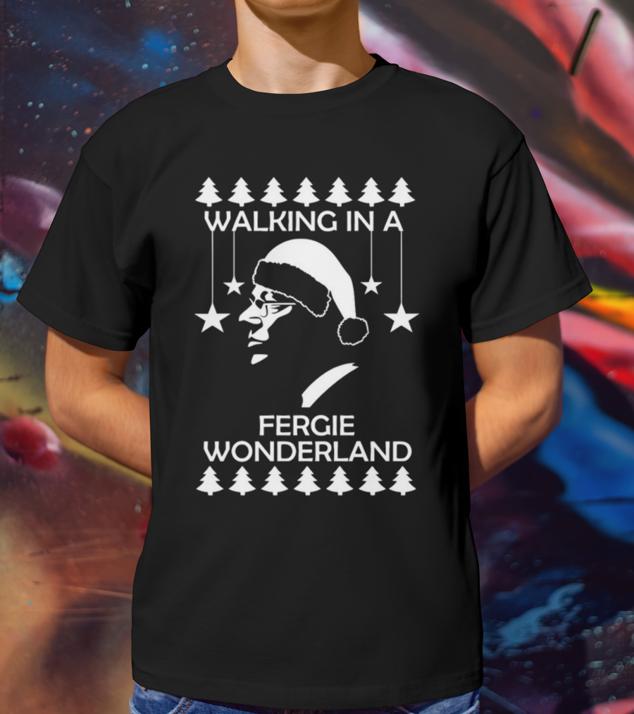 Walking In A Fergie Wonderland Christmas Festive Santa Hat Trees Stars T-Shirt