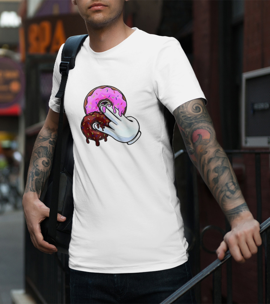 Funnyahhtees Pink And Brown Donuts With Cartoon Glove Hand T-Shirt
