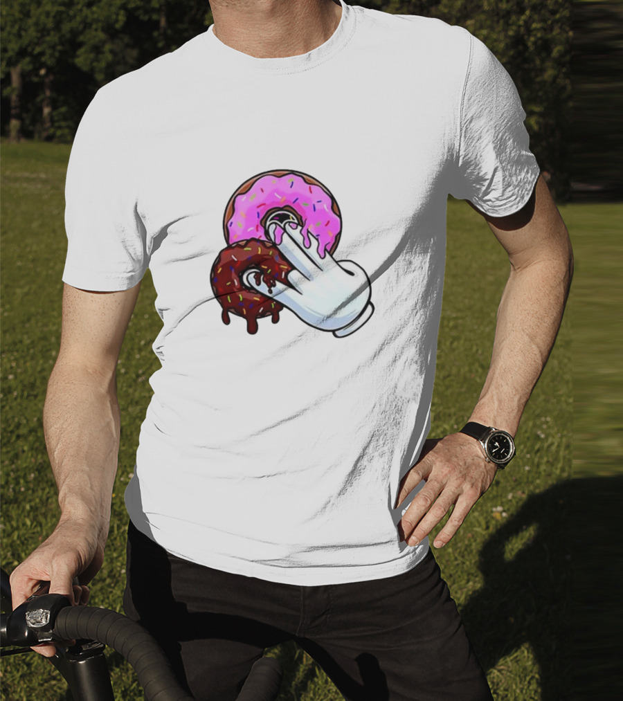 Funnyahhtees Pink And Brown Donuts With Cartoon Glove Hand T-Shirt