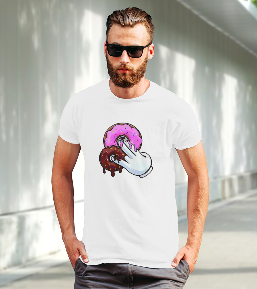 Funnyahhtees Pink And Brown Donuts With Cartoon Glove Hand T-Shirt