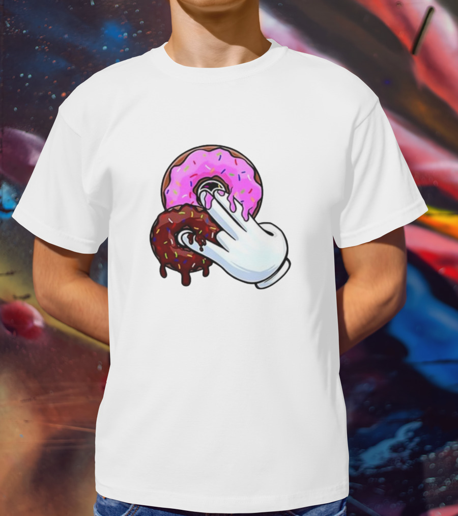 Funnyahhtees Pink And Brown Donuts With Cartoon Glove Hand T-Shirt